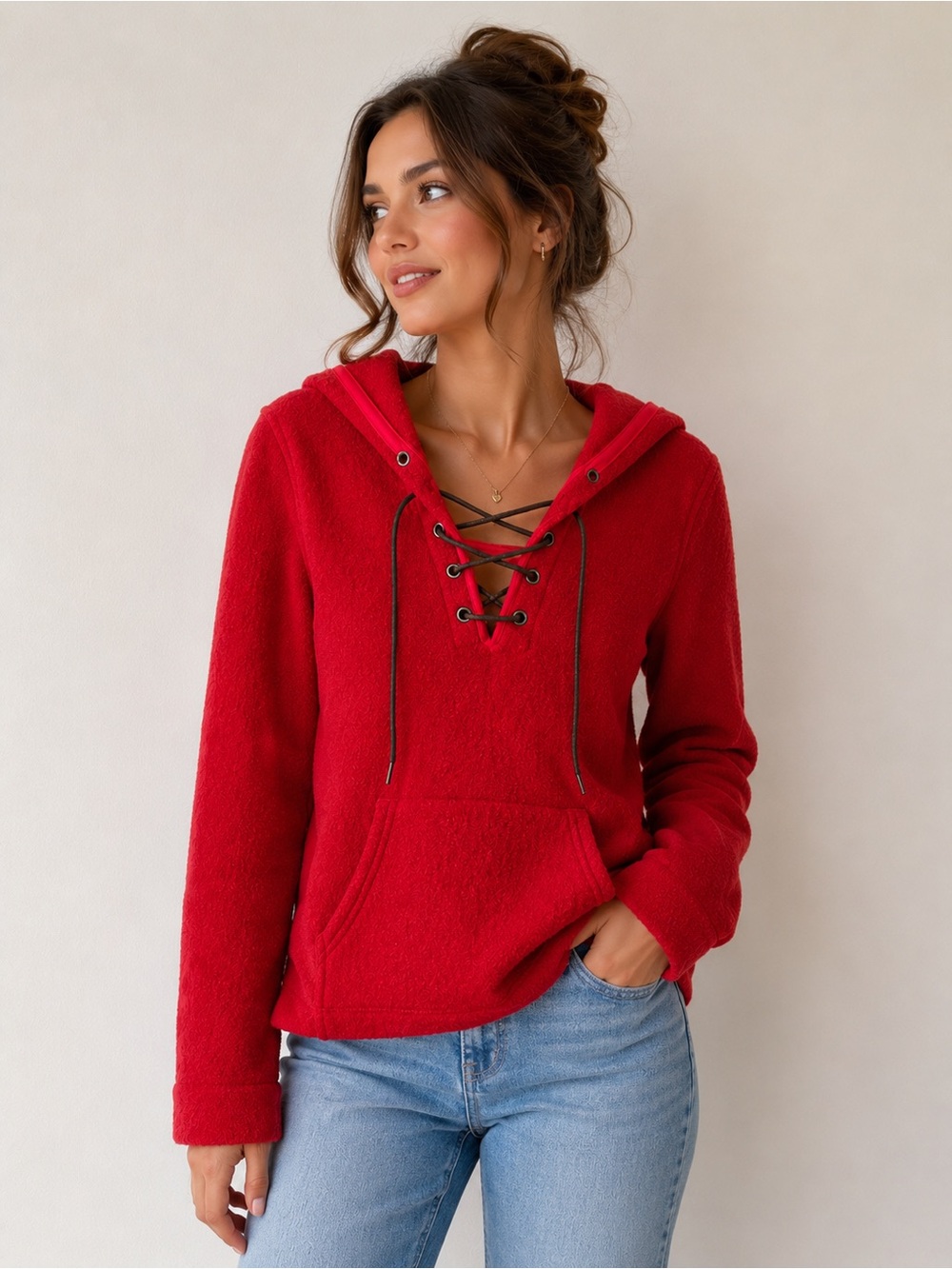 Vintage J.Crew 100% Virgin Wool Lace Up Hooded Sweater Hoodie Red Made USA M